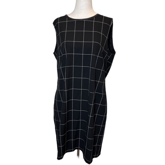 LAUREN Ralph Lauren Leather Trim Windowpane Plaid Shift Dress Black Size 16 - Picture 2 of 9